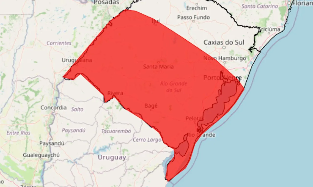 a imagem mostra regi&atilde;o do Rio Grande do Sul em alerta para tempestade